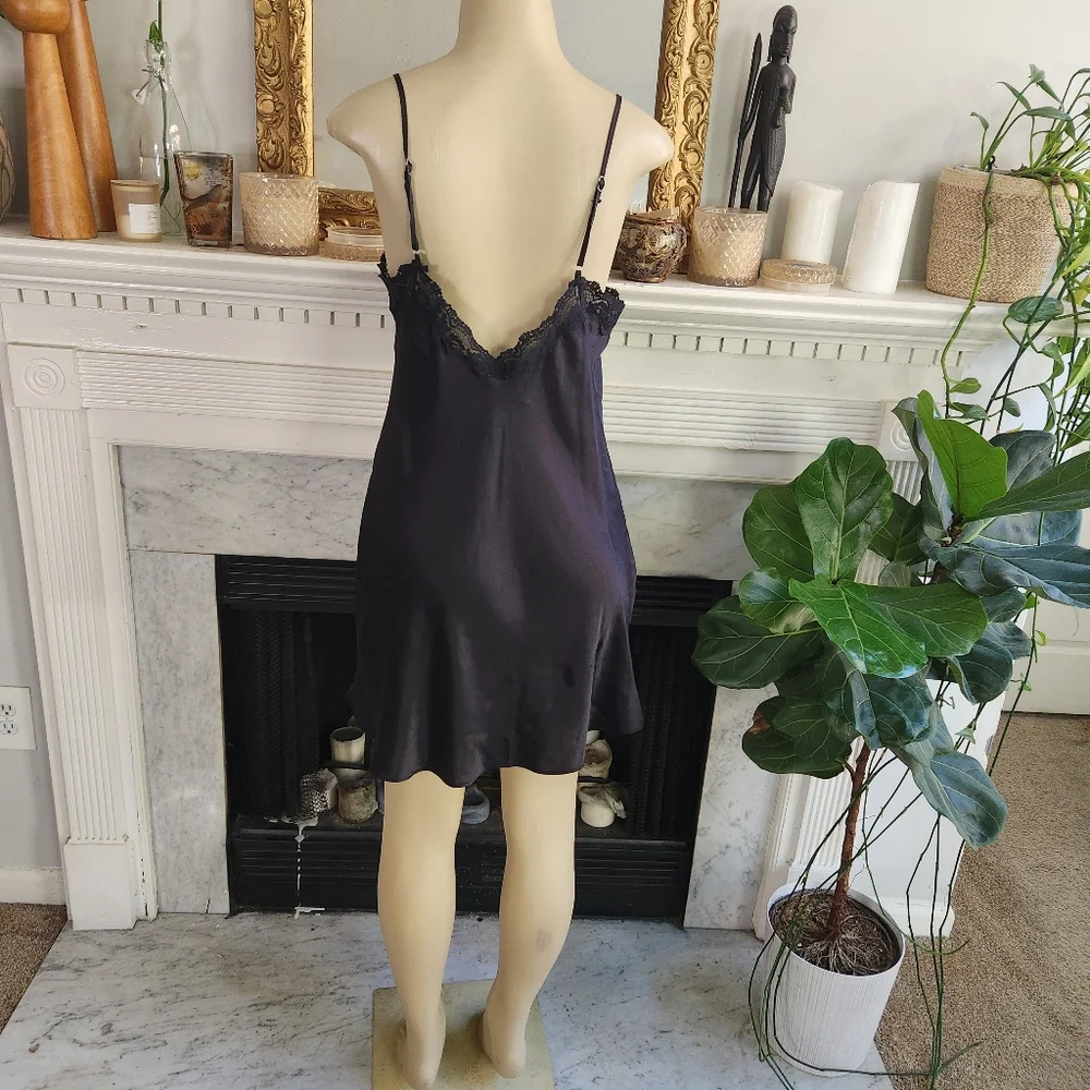 Vintage 90s Black Floral Chemise Slip Dress Sz M Pink Embroidered Mini Lace Y2K